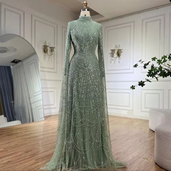 Luxury  Muslim  Cape Dubai Arabia Evening Dresses Nude Mermaid Gowns for Party LA72032m